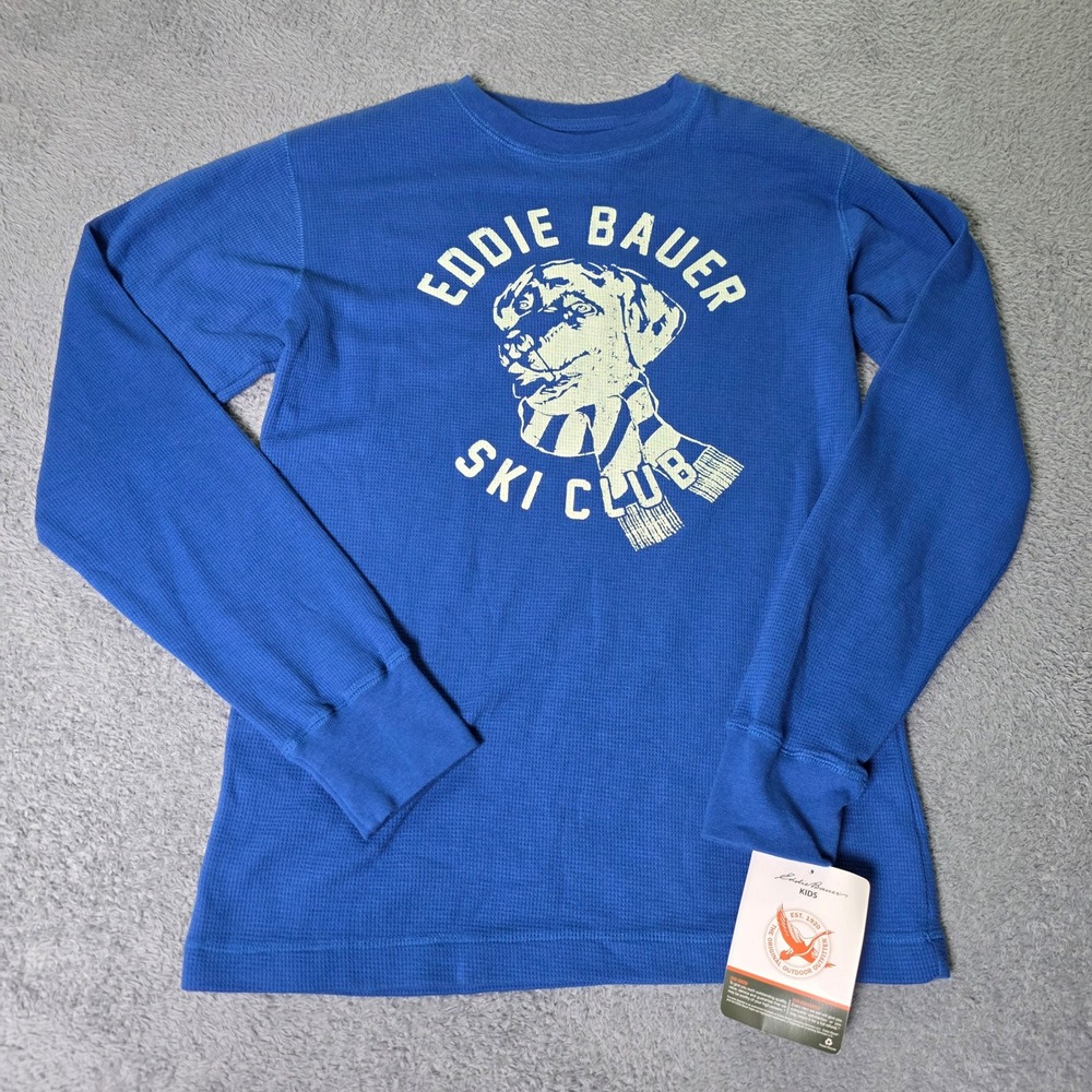 Eddie Bauer Kids XL Long Sleeve Thermal Shirt Blue Ski Club Dog Waffle Knit